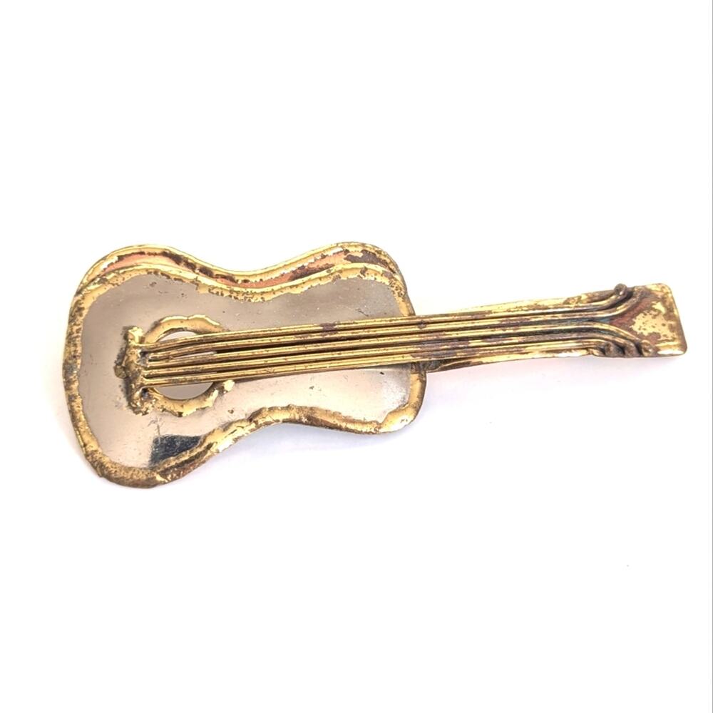 Vintage Silver Gold Tone Mexican Artisan Folk Art Music Guitar Pendant Brooch